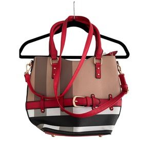 NWOT Adorable Vegan Leather Tote Crossbody Footed Plaid Belted Bag Purse.